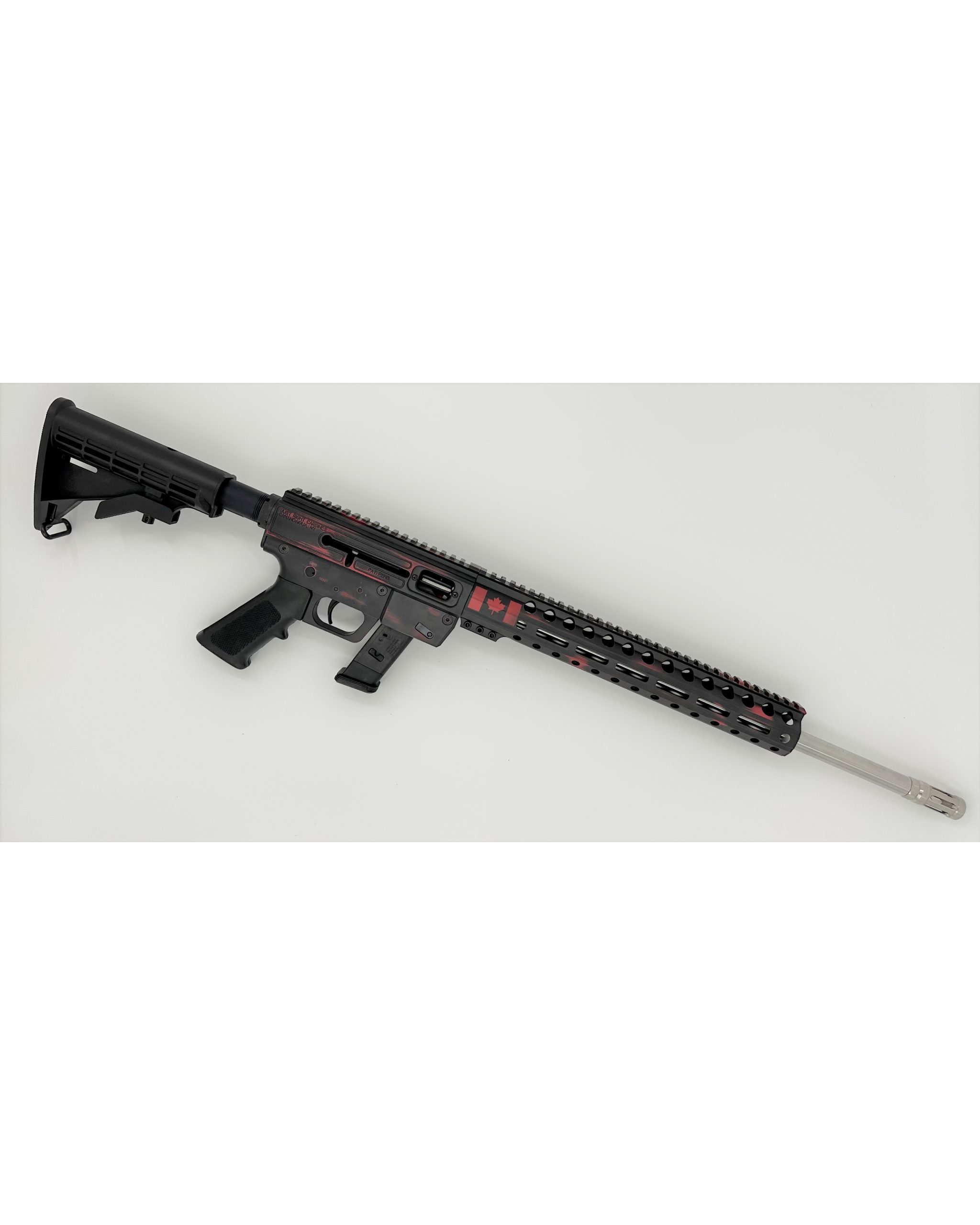 Just Right Carbine M-Lok 9mm Black & Red Distressed Canadian Cerakote Finish, Stainless Steel Barrel